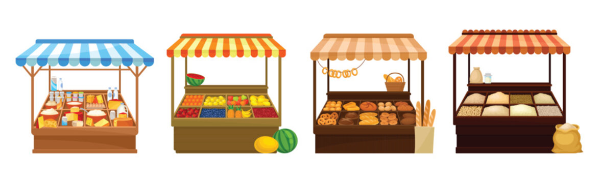 Street Market Stall and Stand with Awning and Various Products Vector Set