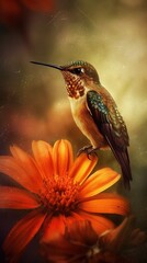  a hummingbird perched on a flower with a blurry background.  generative ai