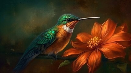  a painting of a hummingbird sitting on a branch next to a flower.  generative ai