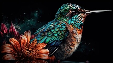  a painting of a colorful bird sitting on a branch with flowers.  generative ai