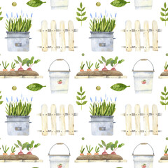 Seamless watercolor pattern with garden elements. Flowerbed, fence, bucket, and greenery. Hand drawn. Suitable for decorating wrapping paper, scrapbooking, textiles, fabrics, covers and other designs.