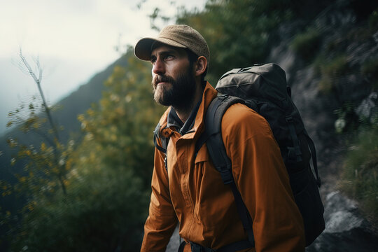 Generative AI illustration of thoughtful bearded male hiker with backpack admiring landscape of high mountains on hillside against gloomy sky