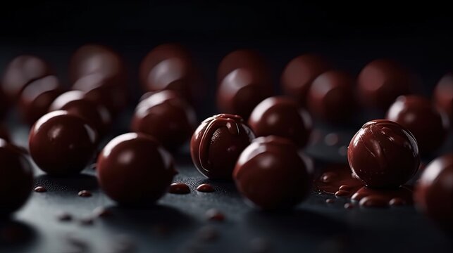  a group of chocolate candies on a black surface with drops of chocolate.  generative ai