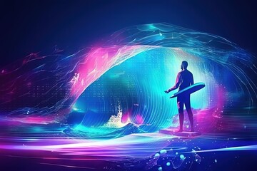 Fototapeta na wymiar a man holding a surfboard standing in front of a colorful wave. generative ai