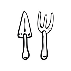 Doodle vector illustration of garden tools. Rake and shovel. Cartoon style.  Tools for the gardener. Isolated on white background.