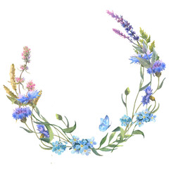 Watercolor painted floral wreath on white background. purple, blue, white and pink wild flowers. Good for cosmetics, medicine, treating, aromatherapy, nursing, package.