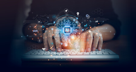 Humans type the keyboard by working with AI, Artificial Intelligence, Learning Business Internet Technology Concepts in futuristic business, and developing innovations for future technology changes.