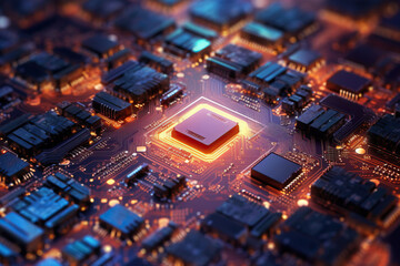 close up of a microchip circuit interior of a computer with neon lights in detail, circuit board.