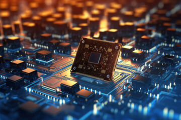 close up of a microchip circuit interior of a computer with neon lights in detail, circuit board.