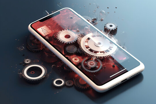 Generative AI illustration of modern mobile phone with cogwheels on screen placed near gears against blue background