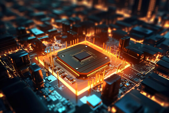 close up of a microchip circuit interior of a computer with neon lights in detail, circuit board.