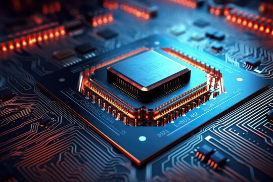 close up of a microchip circuit interior of a computer with neon lights in detail, circuit board.