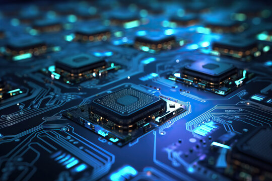 close up of a microchip circuit interior of a computer with neon lights in detail, circuit board.