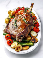 Baked leg of lamb with vegetables on a white background