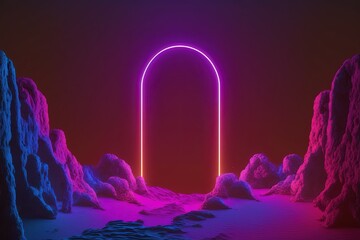 abstract modern minimal ultraviolet background with empty stage podium , glowing neon arch and broken stones and rocks. Showcase scene for product presentation by ai generative