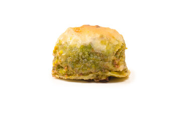 Turkish pistachio baklava isolated on white background.