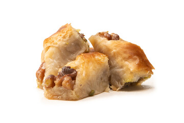 Delicious sweet baklava with walnuts isolated on white background.
