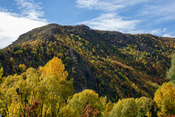 Colourful trees on the hills around Arrowtown New Zealand at the start of autumn