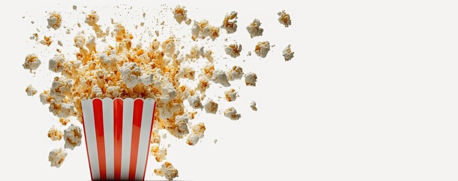 Popcorn flying out of red-white striped paper cup, copy space isolated on white background by ai generative
