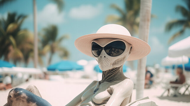 AI alien doing nothing on the beach near Miami on tropical summer