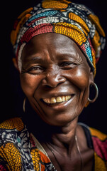 Fototapeta premium Close-up portrait of a elderly African smiling woman - ai generative