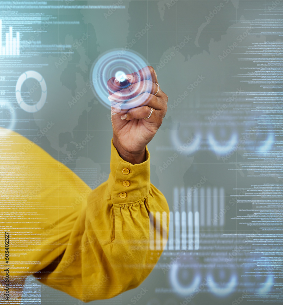Poster hands, digital pen and writing on smart dashboard, hud or overlay for global communication or data a