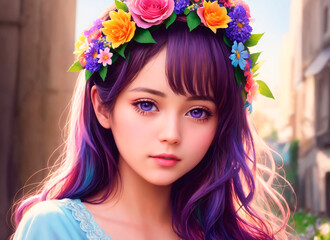 Naklejka premium Portrait beautiful girl with flowers on her head. Woman with flower arrangement on head. Generative AI.