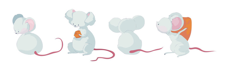 Funny White Mouse Character with Long Pink Tail Vector Set