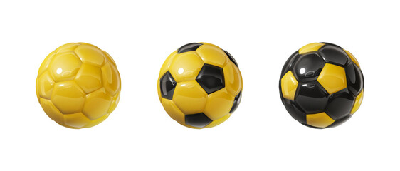 Yellow and black glossy football balls isolated design elements on transparent background. Colorful soccer balls collection. 3d design elements. Sports close up icons © Oleg