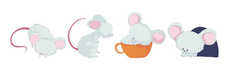 Funny White Mouse Character with Long Pink Tail Vector Set