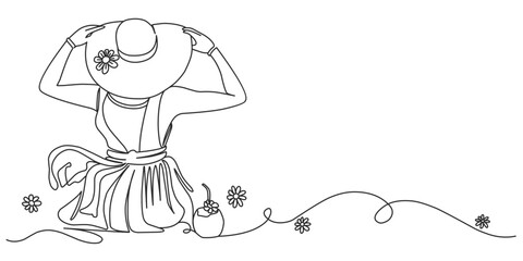 girl in a beach line art style vector illustration, summer line art illustration