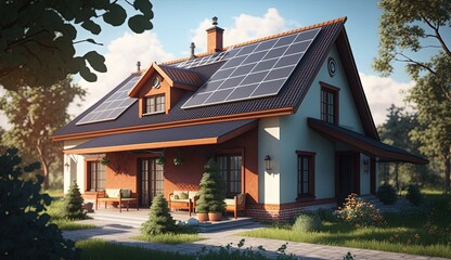 Full view of modern house with Solar panels on the roof . 3D rendering illustration by ai generative