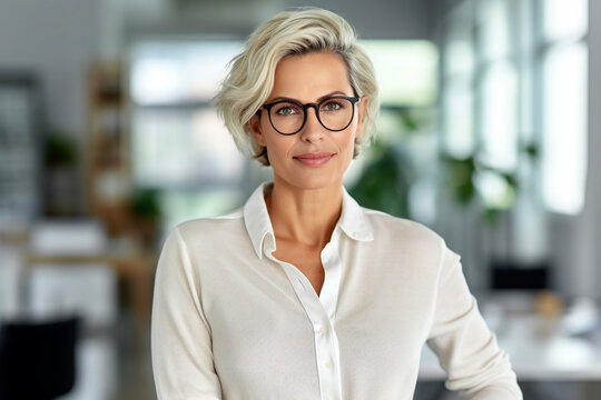 Portrait Of A Beautiful Business Woman In Her 40s Or 50s. The Female Is Dressed In Stylish Clothes With Short Hair. Woman CEO, Lawyer, Real Estate Agent. Generative AI