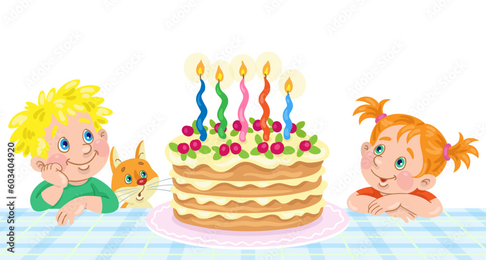 Canvas Prints Happy birthday! Cute little girl, boy and funny cat are looking at a big cake with candles. In cartoon style. Isolated on white background. Vector flat illustration.