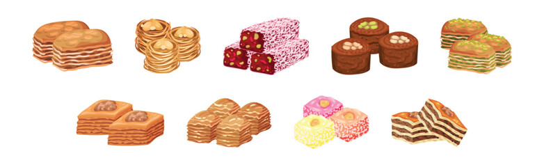 Turkish Delight or Arabic Sweet and Sugary Dessert Vector Set