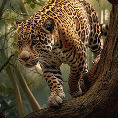 jaguar walking on the branch of a tree