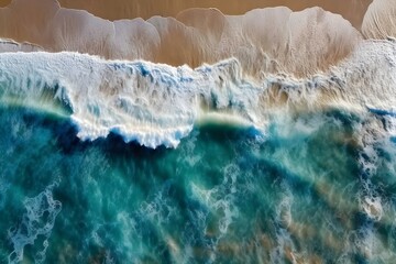 Beautiful Ocean waves on the beach as a background. Aerial top down view of beach and sea with blue water waves
