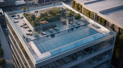 Modern office building with pool in roof, blue toned image