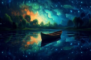 Starry Night Lake: Digital Art Boat Painting. Generative AI