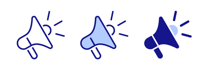 Loudspeaker megaphone icon vector isolated on white background. Three Different Style Blue Icons.