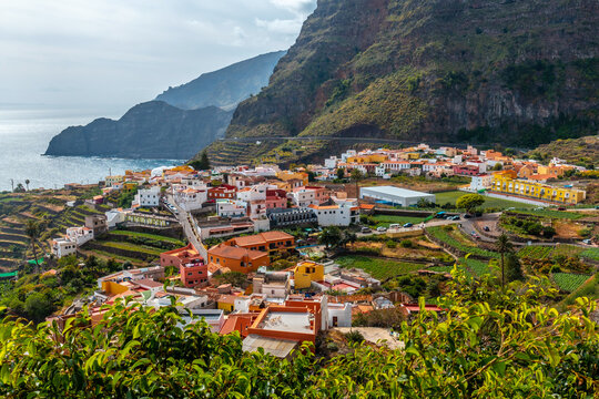 View of the town of Agulo between the valleys and municipalities of Hermigua and Vallehermoso in La Gomera, Canary Islands