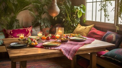 Bohemian Inspired rustic house, bohemian vibe with a low-lying table, floor pillows, white plates, boho colors textured textiles, and glassware. Generative ai