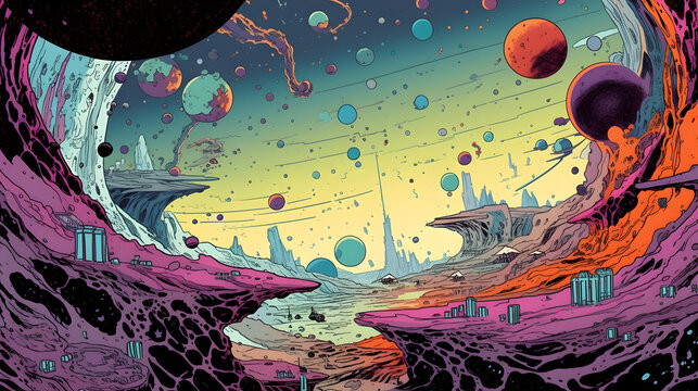 A retro comic-style outer space landscape, with colorful planets, swirling galaxies, and futuristic spacecraft, taking viewers on an intergalactic adventure filled with wonder. Generative AI