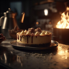The cut cheesecake is served on the table. The top is decorated with fruits and salted caramel. Natural light enters the room in one direction.