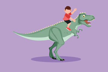 Graphic flat design drawing bravery little boy caveman riding t-rex tyrannosaurus. Cheerful kids sitting on back of dinosaur. Stone age children. Ancient human life. Cartoon style vector illustration