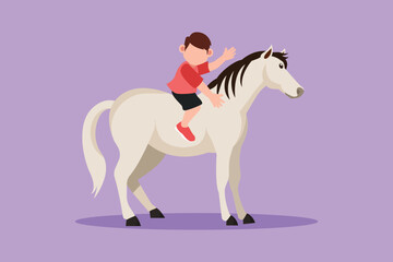 Character flat drawing adorable little boy riding horse at village. Cheerful child sitting on back horse with saddle in ranch park. Happy kid learning to ride horse. Cartoon design vector illustration