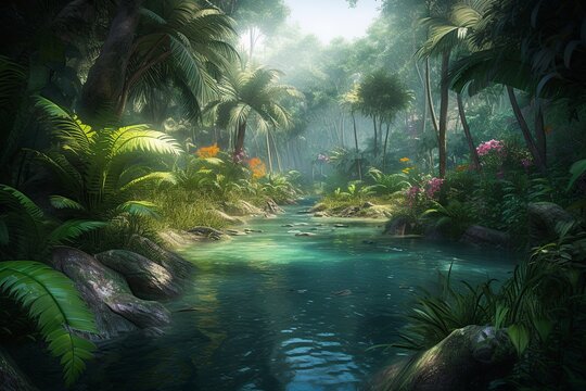 illustration, wild and dark jungle, ai generative.