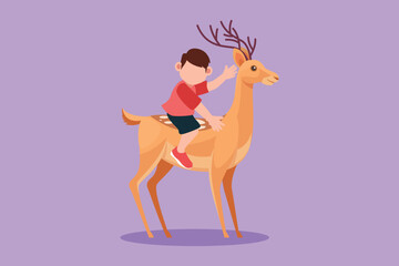 Character flat drawing of happy little boy riding deer in zoo. Brave child sitting on back deer with saddle in ranch ground. Cheerful kids learning to ride reindeer. Cartoon design vector illustration