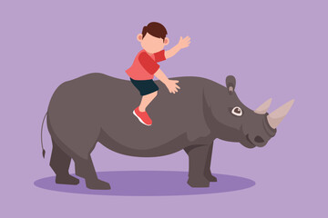 Cartoon flat style drawing of happy little boy riding rhino rhinoceros. Cheerful children sitting on back rhinoceros in zoo. Brave kids learning to ride rhinoceros. Graphic design vector illustration
