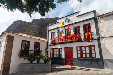 Town Hall next toChurch San Marcos inside the historical center of Agulo, La Gomera, Canary...